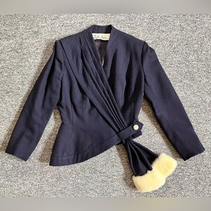 Vintage Lilli Ann Navy Wool Jacket with Fur Accent